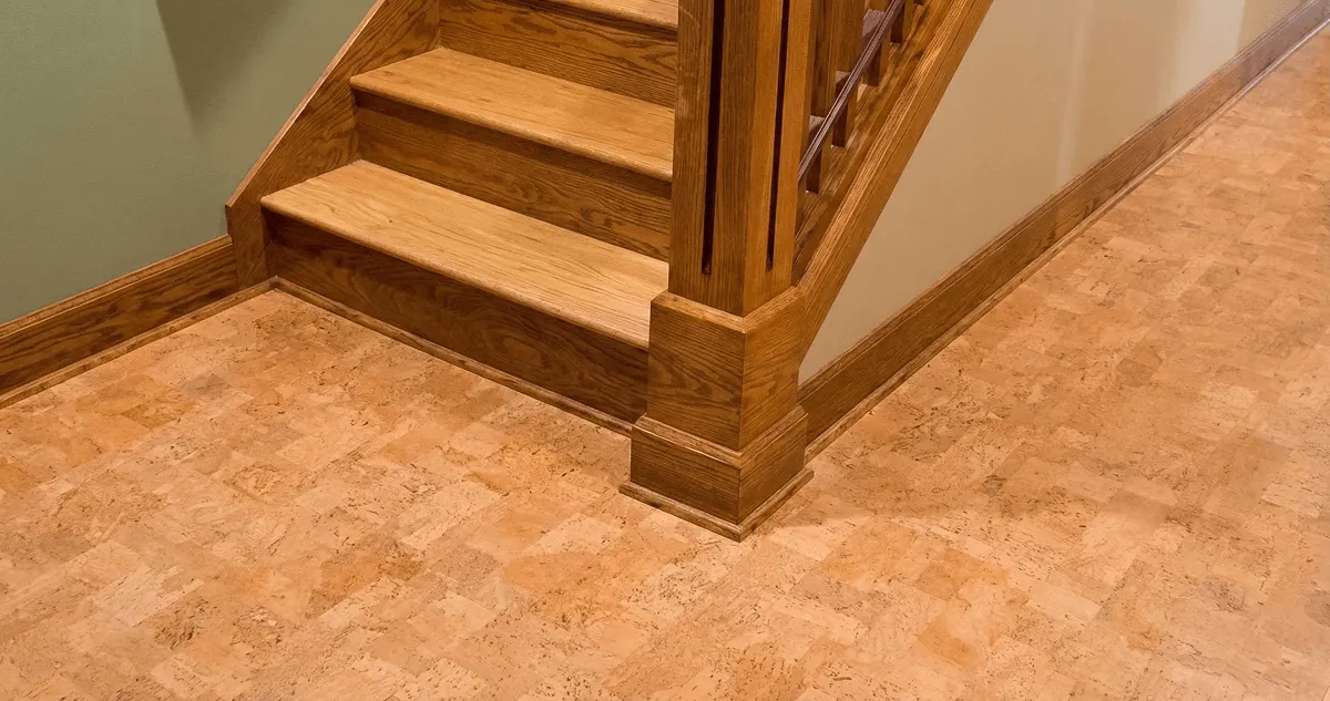 End of a staircase with cork flooring in Irvine, CA